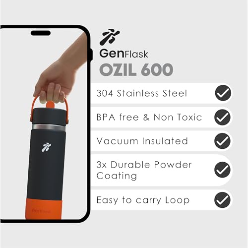Image of VBOTT GENFLASK-Ozil -600 ml|Thermosteel Flask with Straw Sipper & Carrying Loop| SS 304 Water Bottle|Hot /Cold-18 /24 hrs|Insulated Bottles|Dark Grey /Orange Colour|Multipurpose