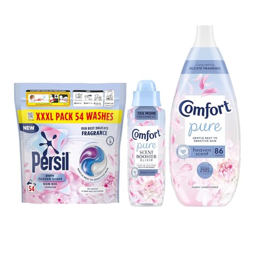 Pure Heaven Scent Mega Laundry Care Bundle – Fabric Conditioner (86 Wash), Scent Booster Elixir (460ml), Persil Capsules(54 Wash), Long-Lasting Fragrance, Gentle & Fresh Laundry Care