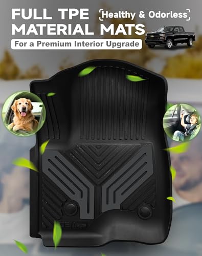 Image of Color TPE Floor Mats for Chevrolet Silverado 2019-2026 /GMC Sierra 1500 & 2500HD /3500HD 2020-2026 | Double & Crew Cab ONLY | All-Weather 2 Pcs Front Row Liner | Titan Gray Wing Design