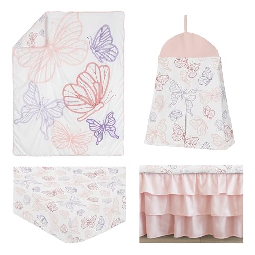 Image of Sweet Jojo Designs Shabby Chic Butterfly Girl Baby Crib Bedding Set Infant Nursery Room Blanket Fitted Sheet Skirt Diaper Stacker 4p Blush Pink Lavender Purple White Pastel Lilac Watercolor Pattern