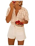SweatyRocks Women's Puff Sleeve V Neck Button Floral Lace Embroidered Tops Ruffled Blouse White Large