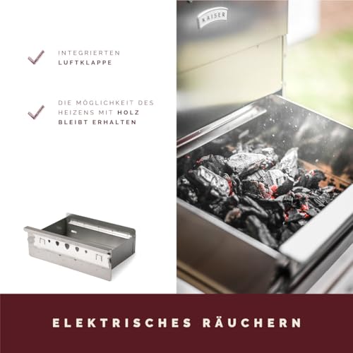 Foto von KAISER COMPANY '50' Hochwertiger Räucherofen/Räucherschrank aus Edelstahl - Holzbefeuerung I Tragbarer Smoker 80 cm I Perfekt zum Räuchern I Passen bis zu 10kg Fleisch I mit Zubehör I NICHTROSTEND