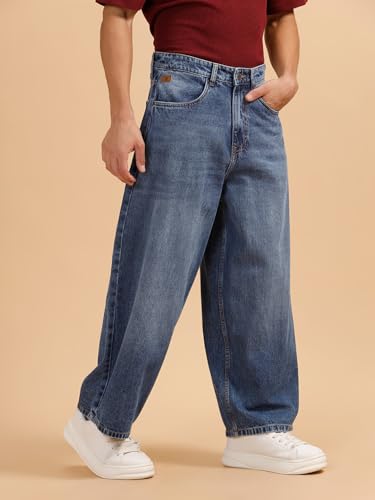 Image of WROGN Men's 100% Cotton Jeans | Solid | Baggy Fit