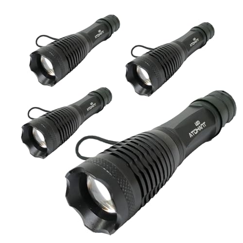LED ATOMANT Lot de 4 Lampe Torche LED Puissante de Police avec Zoom, Batterie Lithium Rechargeable Longue Durée, Coffret, Chargeur, Adaptateur Piles AA et...