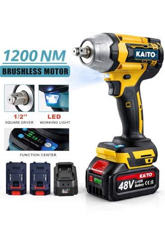 Image of KAITO Pro Series Brushless Motor 48V Cordless Impact Wrench | 1200NM Torque | 4800RPM Speed | Auto Stop Function | Forward & Reverse Rotation | 1 /2 Inch Hex Shank | Double Li-Ion Batteries