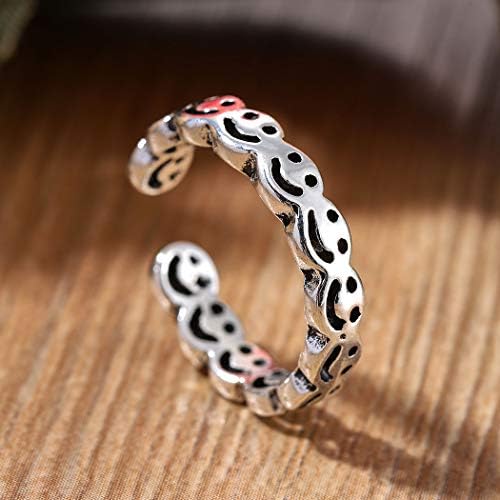 Aukmla Smiley Face Ring Silver Open Rings Adjustable Smile Ring Happy Smiling Finger Rings for Women and Girls