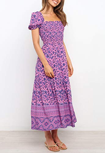 Zesica Women's 2023 Summer Boho Floral Print Square Neck Ruffle Swing Beach Long Maxi Dress,Purple,Small #TOP4