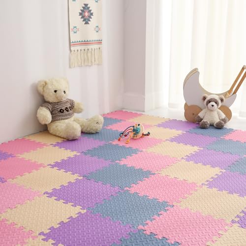 Tamiplay 16 alfombrillas de espuma EVA, suaves entrelazadas, de espuma de color sólido, con bolsa de almacenamiento (beige, rosa, morado, gris azul)