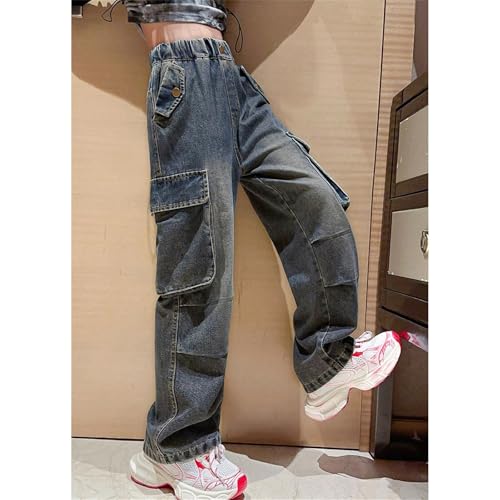 Girls Baggy Wide Leg Cargo Jeans High Waist 𝐅𝐥ap Pocket Trousers Kids Straight Leg Streetwears with Multi Pokets3