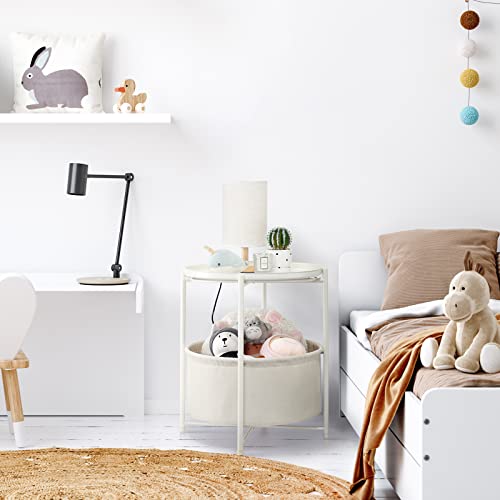 Danpinera Round Side Table With Fabric Storage Basket, Metal Small Bedside Nightstand Removable Tray Top For Living Room, Bedroom, Nursery, Laundry, White #TOP4