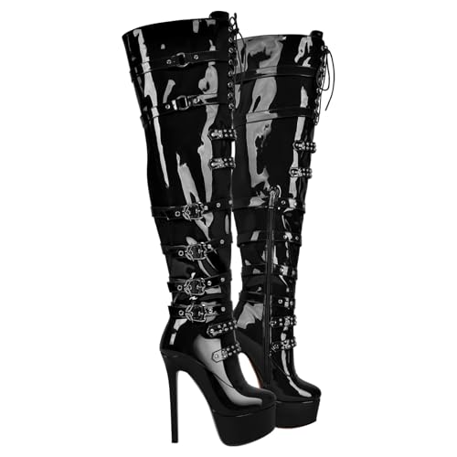 Richealnana Women's Platform Lace Up Stiletto High Heels Knee High Boots3