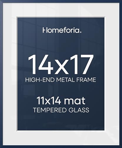Image of Homeforia 14x17 Picture Frame Navy Blue, High End Metal 14x17 Poster Frames with Mat 11x14 inch Photo, 14 x 17 Navy Blue Frame Matted to 11 by 14 Print, 17x14 Frame, Tempered Glass, Wall Kit, Set of 1