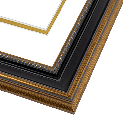 Space Art Deco, 11X19.5 Diploma Frame With White Over Gold Double Mat For 8.5X11 Documents And One 5X7 Picture, Shatter-Resistant Glass Wall Mount Display - Ornate Gold/Black(White Mat) #TOP1