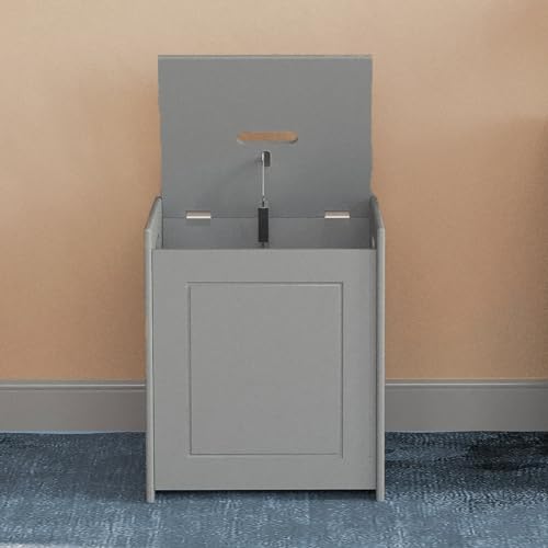 Bakaji Cesto Portabiancheria Da Bagno Linea Pietra Con Coperchio Antiodore, Cesta Panni Sporchi Salvaspazio Con Maniglie In Legno Mdf, Contenitore Per Biancheria Sporca (Grigio) - 6