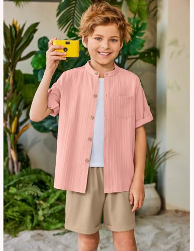 Image of Arshiner Boy's 2 Piece Beach Outfit Short Sleeve Textured Button Down Shirt and Short Sets Summer Vacation Wear 4-12 Years