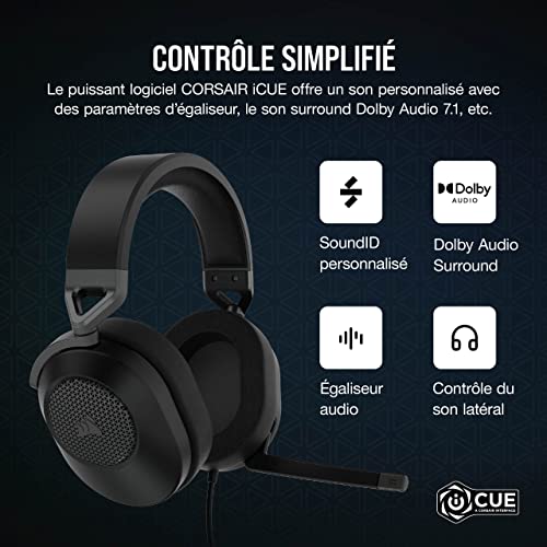 Corsair HS65 Surround Casque de Jeu Filaire Multiplateforme - Son Surround Dolby 7.1 - SonarWorks SoundID - Compatible iCUE - PC, Mac, PS5, PS4, Xbox, Nintendo Switch, Mobile - Carbon