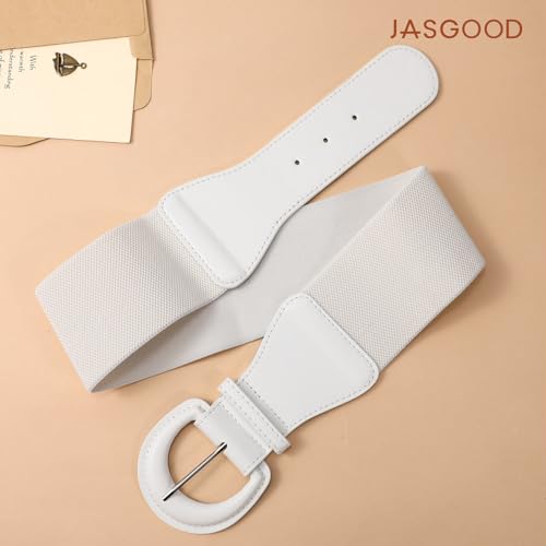 JASGOOD Women Retro Wide Elastic Belt Stretchy Waist Belt, Vintage Chunky Buckle Belts for Dress,White - image 3