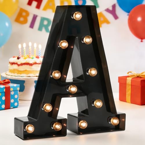 Image of Pooqla Black Light Up Letter A, Marquee Letters Black Room Decor | LED Lighted Letters Birthday Party Decorations, Gifts for Boys Men Christmas Anniversary Night Light Home Bar Room Decoration