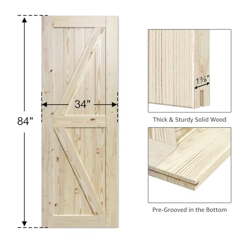 Image of SmartStandard 34in x 84in Sliding Barn Wood Door Pre-Drilled Ready to Assemble, DIY Unfinished Solid Spruce Wood Panelled Slab, Interior Single Door Only, Natural, K-Frame (Fit 6FT Rail)