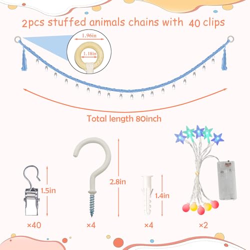 Image of 2PCS Stuffed Animals Storage Chain Organizers 80 inch Cotton Hanging Storage Chain with 2Pcs Led Light 40 Metal Clips Stuffed Animal Display Holder Chain for Nursery Play Room (Blue)