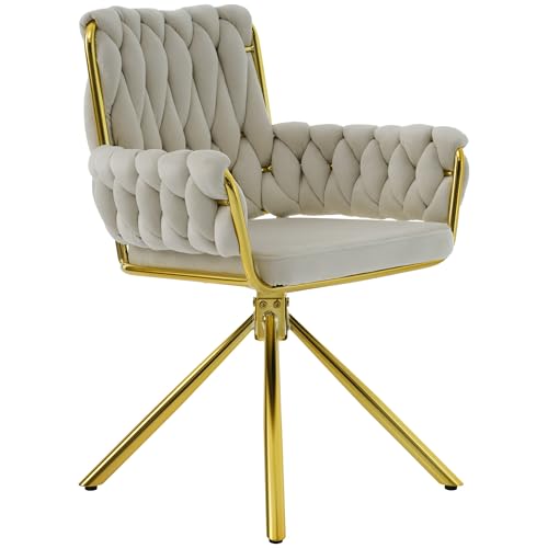 Silla de comedor moderna y minimalista giratoria de terciopelo con respaldo elevado giratorio de 360° y reposabrazos, lujoso sillón para sala de estar y dormitorio, capacidad de 150 kg, color beige y