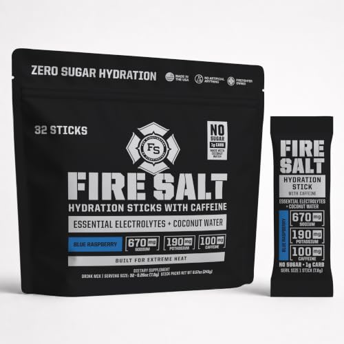 Image of Fire Salt Hydration Sticks, Electrolytes & Organic Coconut Water, Hydration Drink Mix with Caffeine & Mediterranean Sea Salt, Zero Sugar, Blue Raspberry, 32 Single Serve On the Go Packs | Electrolytes & Coconut Water, Hydration Drink Mix with Magnesium, Potassium & Sodium, Single Serve On the Go Packs