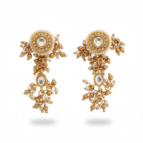 Image of SANJOYA by EVERSTYLISH Kundan Earrings for Women | Classic Pearl & Gold Accent Dangler Earrings | Ethnic Jewelry for Weddings, Festivals & Special Occasions