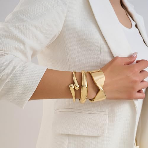 Chunky Gold Bangles Bracelets Stack for Women, Dainty 14k Gold Plated Wide Stackable Bangles Set, Trendy Statement Cuff Bracelet Stack Fashion Jewelry Gifts Style 9 — view 3