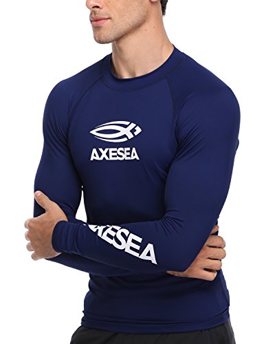 AXESEA Men Long Sleeve Rashguard UPF 50+ Rash Guard Shirt Swimwear Athletic Tops Size S-XXL Blue