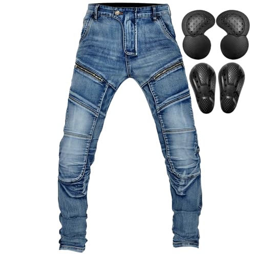 QIYUANT Homme Pantalon de Moto en Jean Stretch Anti-déchirure Vintage Pantalon de Protection avec Homologué Amovible Améliorée Protéger Pads pour Racing Vélo (Bleu, L)