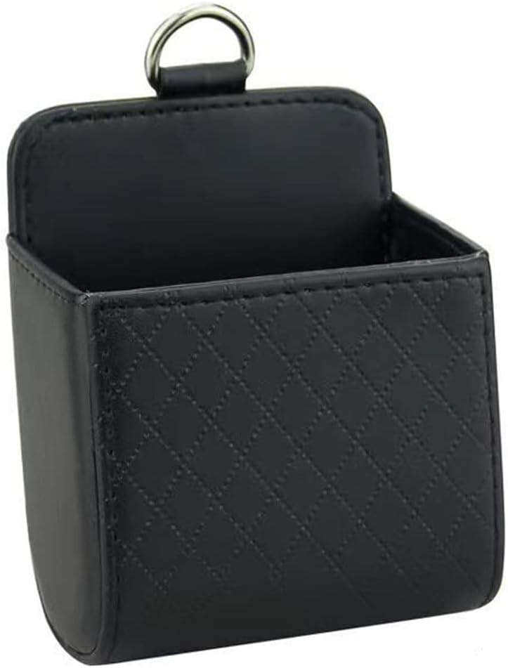Car Auto Air Vent Leather Tidy Storage Hanging Bag Case Organizer for Keys, Coin, Cell Phone & Glasses. Vehicle Small Bucket with Hook for Car Clean & Storage Box (Black)