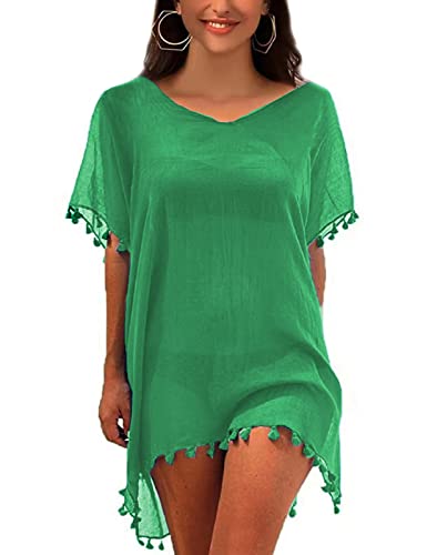 Heynino Womens Bathing Suit Beach Cover Up Tassel Kaftan Loose Blouse Tops Wine Green