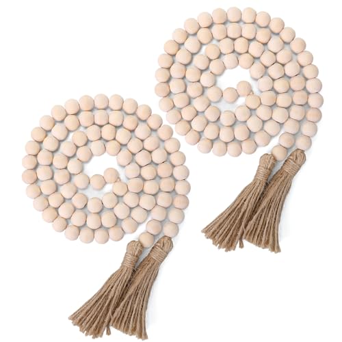 Geetery 2 Pcs 58'' Bead Garland with Tassels, Rustic Country Decor, Boho Wall Hanging for Farmhouse Style, Versatile Prayer Beads for Home, Table, or Wall Decoration (Wood)