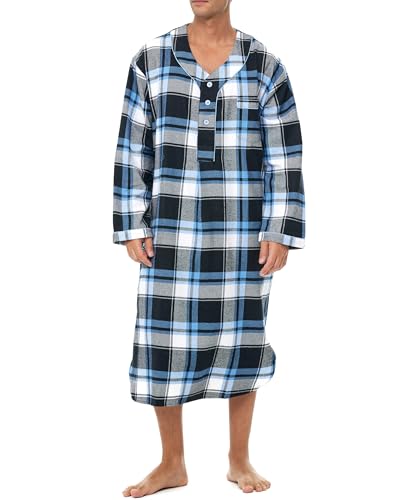 Alexander Del Rossa Men's Soft Cotton Flannel Sleep Shirt, Long Henley Nightshirt Pajamas
