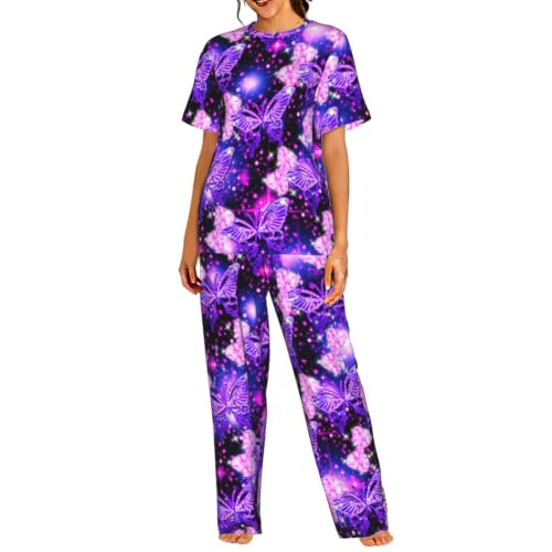 Pyjama manches courtes femme violet ensemble short imprimé papillon