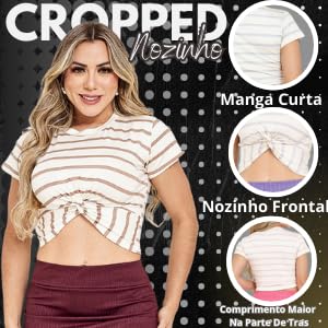 Blusa Cropped Nózinho Viscolycra Feminina (BR, Alfa, Único, Regular, BRANCO + LILÁS)