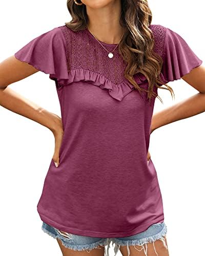 Womens Summer time Tops Crochet Lace Spherical Neck Ruffle Brief Sleeve Fundamental Informal Tunic Tshirt 4 41MjsnA3yqL. AC