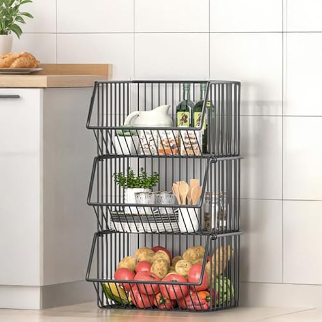 Stackable Metal Storage Cart Utility Cart on Wheels Fruit Vegetable Storage Basket Snack Rack Multi-Layer Shelf Countertop Organizer Kitchen, Bathroom, Living Room, Office Organization-KkuNG93s