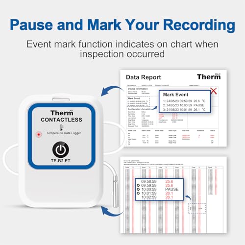 ThermElc TE-B2 ET Bluetooth Kabelloser Temperatur Datenlogger mit externer Sonde, PDF-CSV-Bericht, Vergleich von Daten mehrerer Geräte, Überwachung von Kühl- und Gefrierlagern (TE-B2 ET)