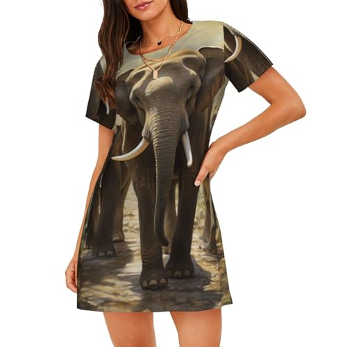 Chemise de nuit légère manches courtes femme vêtement de nuit imprimé éléphants