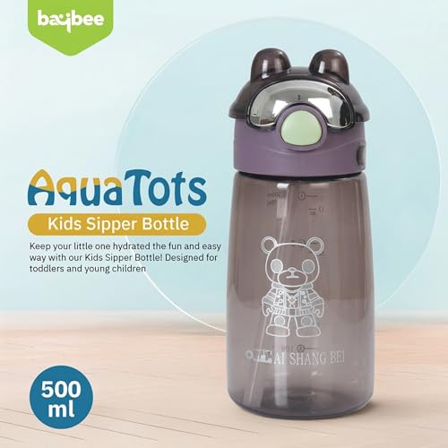 Image of BAYBEE AquaTots Sipper Water Bottle for Kids | Leak Proof Baby Sipper Bottle with Straw | BPA Free with Carry Handle | Insulated Drinking Sippy Water Bottle for School Kids (500ml, Black)