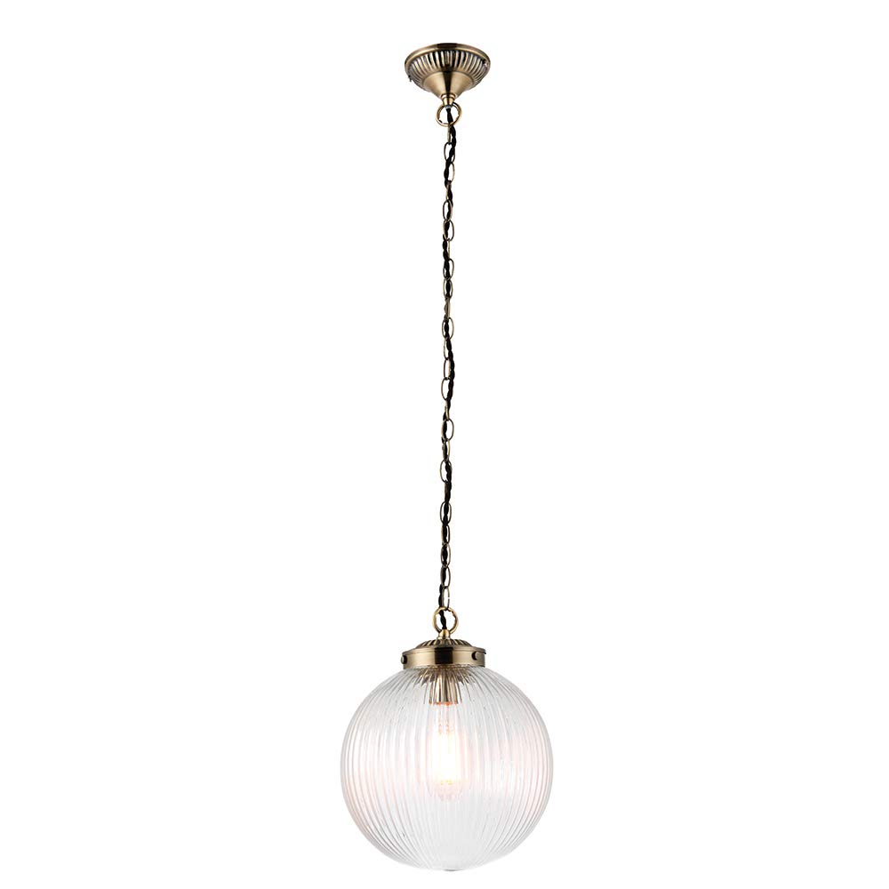 National Lighting Baxter Modern Rippled Glass 250mm Globe Ceiling Pendant Light Shade with Antique Brass Chain