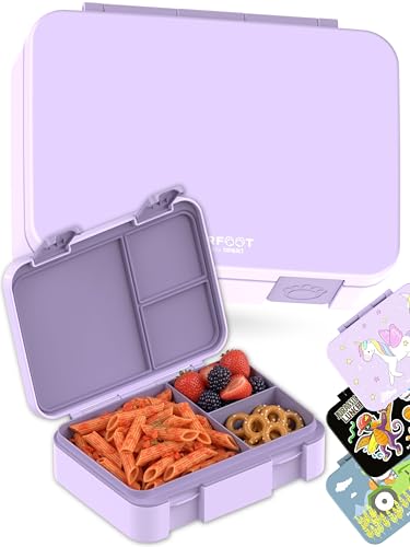 Image of BEARFOOT Kids Lunch Box with Compartments - Compact & Lightweight | Leak-Proof, BPA-Free, Dishwasher Safe | Hand-Drawn Design for Preschool, School, Travel (Purple, 4 Cups)