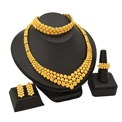 Indian Bollywood Women Jewelry Sets 24K Gold Plated Dubai Gold Necklace Earrings Bangle Fashion Wedding Prom Jewelry Set
