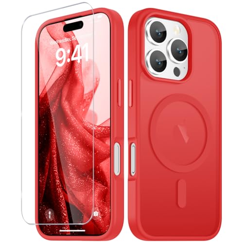 Image of YENAPOON for iPhone 16 Pro Case, Matte Magnetic Phone Cover [with 1 Screen Protector] [Support for MagSafe] [Shockproof Military Grade Protection] Translucent Frosted Back, Red