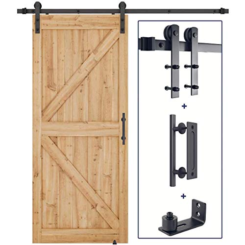 SMARTSTANDARD 6.6ft Heavy Duty Sturdy Sliding Barn Door Hardware Kit(I-Shape) +Barn Door Handle +Adjustable Floor Guide Roller