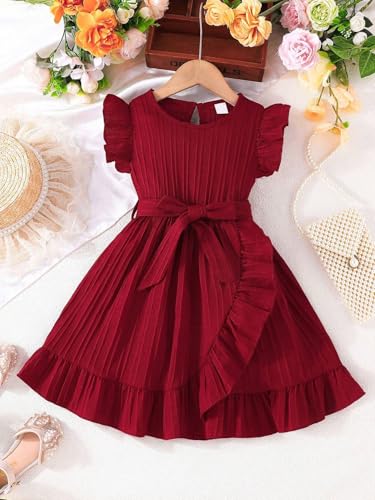 Image of Baby Girls Designer Dress | Pleated A-Line Dress with Ruffle Sleeves & Waist Tie | Birthday