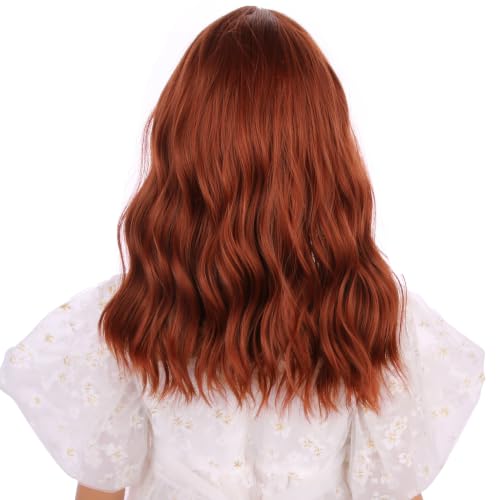Image of Orange Wig Short Dark Orange Wavy Curly Wigs Orange Wig with Air Bangs Synthetic Cosplay Hair Wig