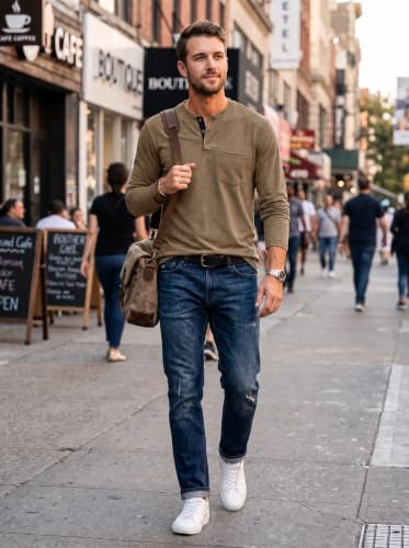 Image of Lexiart Mens Fashion Henley Shirts Long Sleeve Button Cotton T-Shirt with Pocket