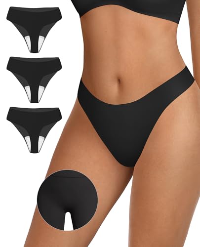 Image of OEAK Seamless Thongs for Women Invisible Thongs No Show Thong Panty Liners Tangas Comfortable Workout G-Strings Underwear 3*Black M